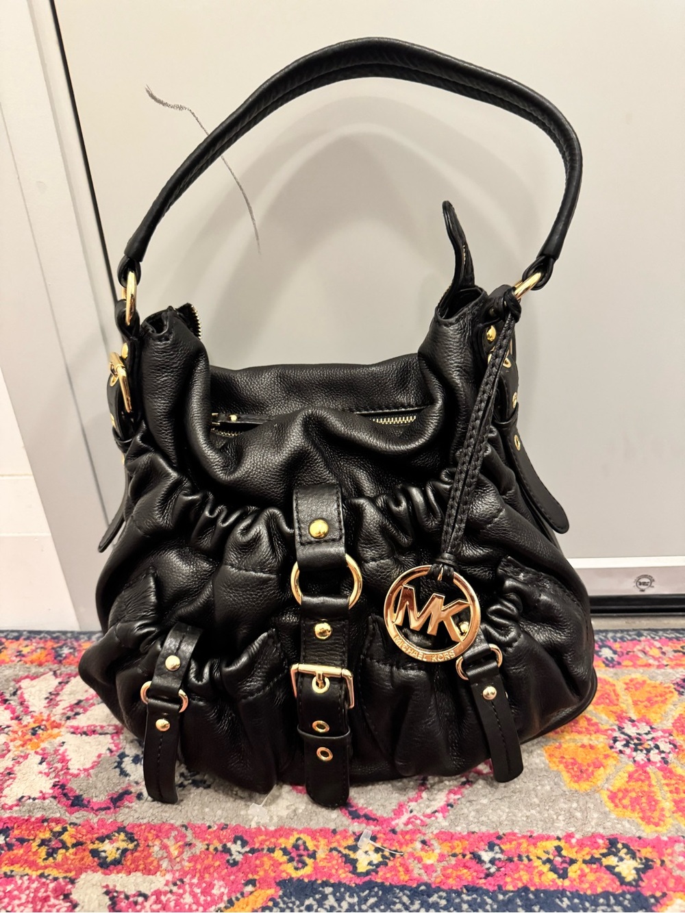 Michael Kors Black Leather Drawstring Hobo with Gold Hardware